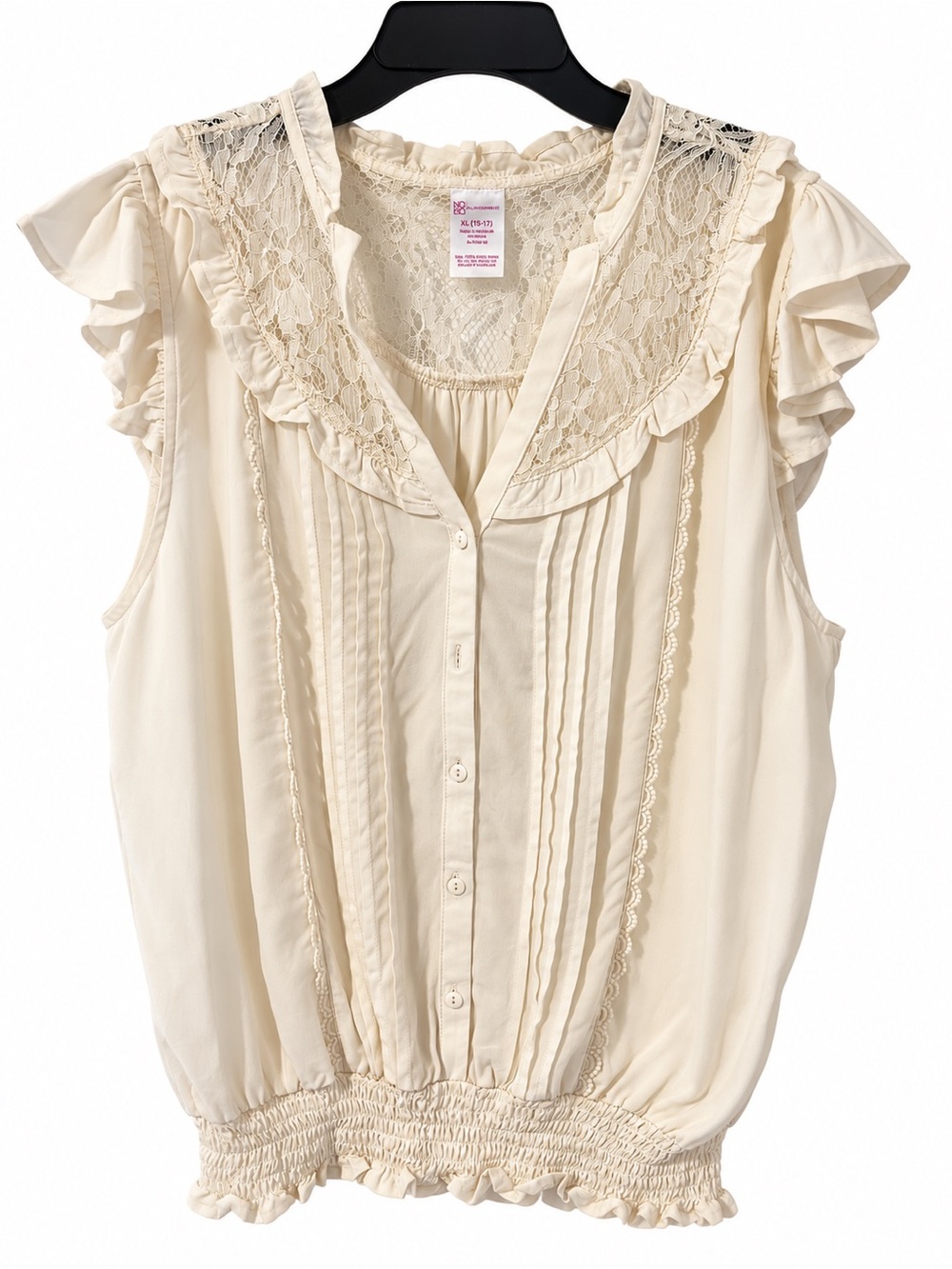No Boundaries Cream Lace-Yoke Ruffle Sleeve Button Top